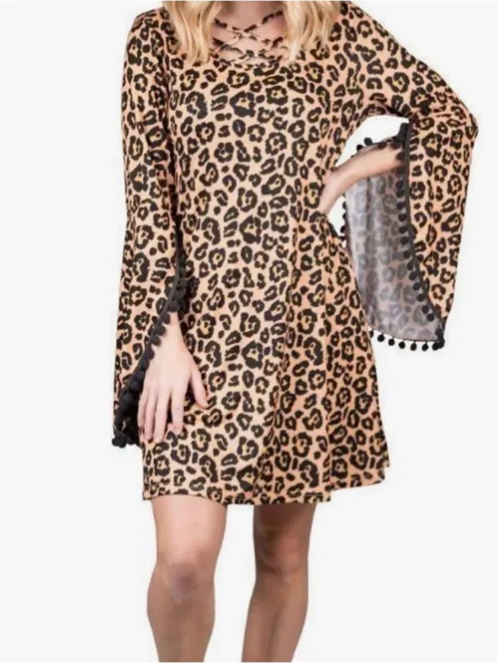 Simply Southern Leopard-Print Mini Dress in Beige and Black with Pom Trim